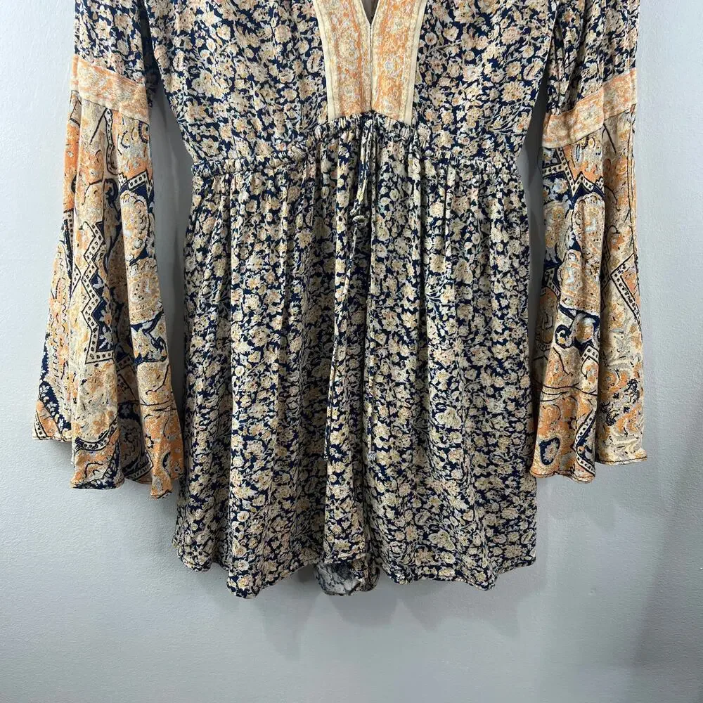 FREE PEOPLE Blue Yellow Romper Floral Once Upon a Summertime Bell Sleeve Small S - Picture 6 of 9